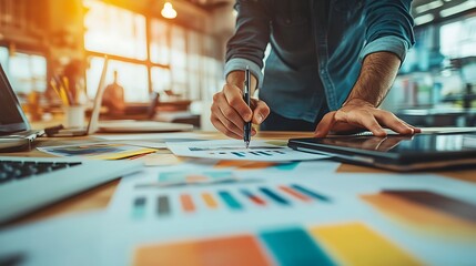 Obraz premium Programmer and designer in deep focus, reviewing user experience flow on a large screen, creative workspace filled with sketchpads and digital tablets, warm ambient lighting, photorealistic detail,