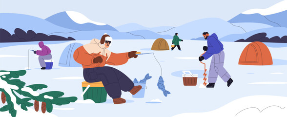 Ice fishing on frozen lake in winter landscape. Fishermen leisure, sitting by drilled holes with rods, catching fish in cold snowy weather. Fishers camping at wintertime. Flat vector illustration
