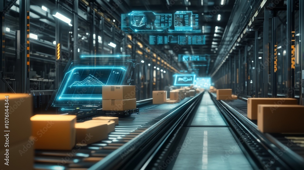 Poster Futuristic automated warehouse with conveyor belt system and digital displays showing data and progress of packages.