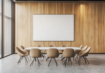 A large, blank canvas hangs on a wooden wall behind a long, white table with brown chairs in a modern conference room.