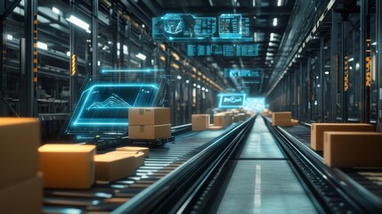 Futuristic automated warehouse with conveyor belt system and digital displays showing data and progress of packages.