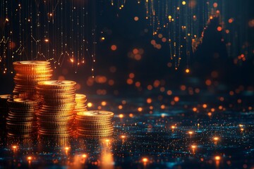 Obraz premium Golden Coins Stacked on a Glittering Digital Landscape