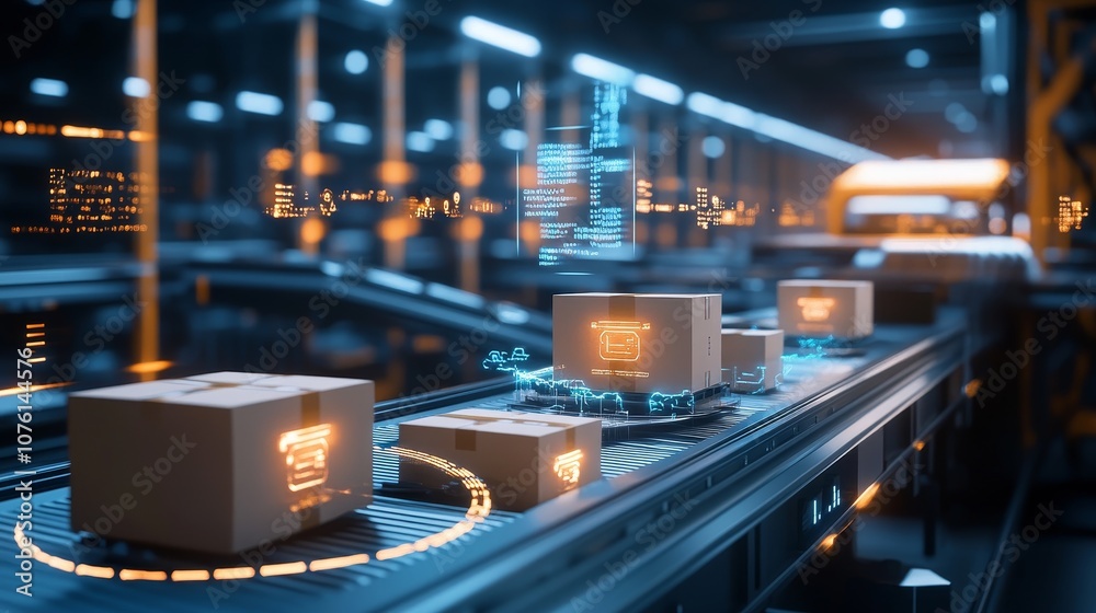 Poster automated conveyor belt with boxes moving through a modern warehouse with futuristic blue and orange