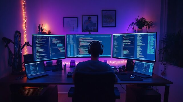 Programmer working on a machine learning project, screen filled with Python code, data frames, and complex graphs, high-tech workspace setup, ambient blue light from multiple monitors,