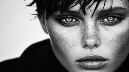 Obraz premium Black and White Portrait of a Young Woman with Freckles and Stunning Eyes, Captures Raw Emotions and Intense Expressions, Ideal for Fashion and Beauty Themes