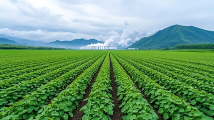 Fototapeta premium Green Field Rows Leading Towards Distant Mountains
