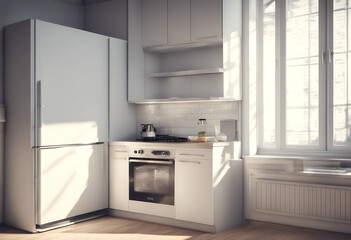 Fototapeta premium apartment interior modern bright emptiness simplicity furniture home kitchen refrigerator
