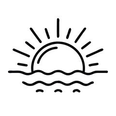Fototapeta premium Sunrise icon with waves outline, Vector outline icon of a sunrise with wavy lines, representing dawn, ocean view, and morning light in a minimalist design. 