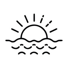 Sunrise icon with waves outline, Vector outline icon of a sunrise with wavy lines, representing dawn, ocean view, and morning light in a minimalist design.
