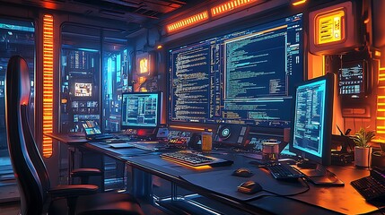 Side angle of a coding hub, developers intensely focused on coding, dual screens showing debugging processes and project files, sleek office setup with neon reflections, vibrant atmosphere,