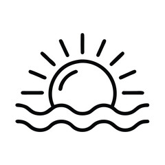 Sunrise icon with waves outline, Vector outline icon of a sunrise with wavy lines, representing dawn, ocean view, and morning light in a minimalist design.
