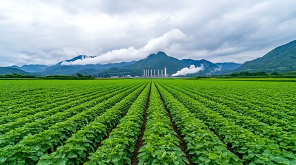 Green Field with Power Plant and Mountains