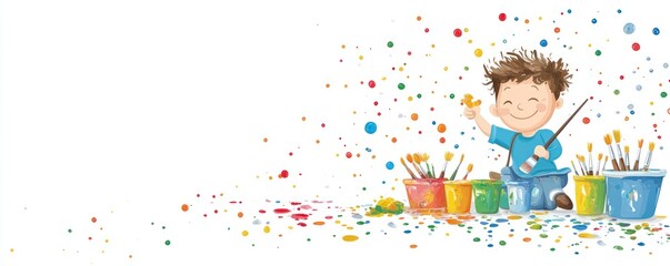 A cheerful child surrounded by paint buckets and colorful splashes, showcasing creativity.
