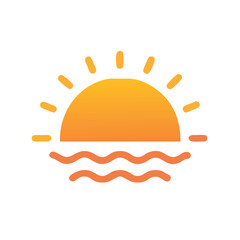 Sunrise over water icon illustration, Vector illustration of a sunrise over wavy water, featuring a yellow sun and blue waves, representing morning, nature, and the sea.
