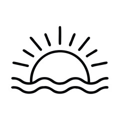 Sunrise icon with waves outline, Vector outline icon of a sunrise with wavy lines, representing dawn, ocean view, and morning light in a minimalist design.

