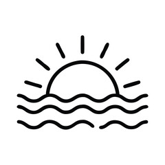 Obraz premium Sunrise icon with waves outline, Vector outline icon of a sunrise with wavy lines, representing dawn, ocean view, and morning light in a minimalist design. 
