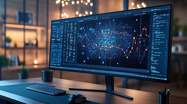 Side view of a machine learning developer analyzing Python code, large monitor displaying intricate data charts and neural network visualizations, modern tech office environment with a sleek desk,