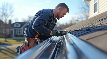 A Construction Worker Installing Gutters on a Roof