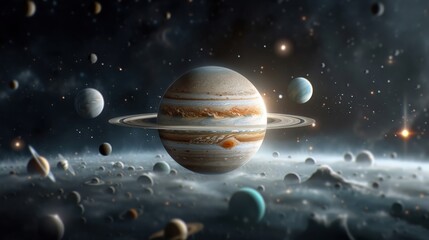 Detailed solar system with planets orbiting a bright sun, each planet’s distinct colors and features visible.