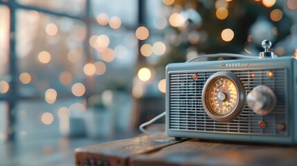 A vintage radio with its dial illuminated by a warm, orange LED light.