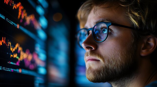 Side view of a programmer's face in deep focus, screens in the background display a complex git commit history with colorful branching paths, modern office setting with ambient blue lighting,
