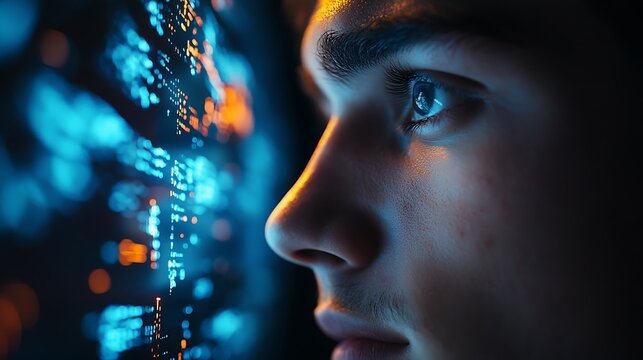 Side view of a programmer's face in deep focus, screens in the background display a complex git commit history with colorful branching paths, modern office setting with ambient blue lighting,