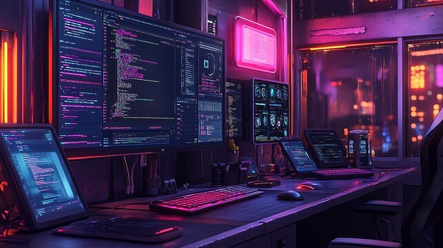 Side view of a tester running code on various devices, each displaying a different UI version, large monitor showing debugging output and error logs, vibrant tech office setting with neon reflections,