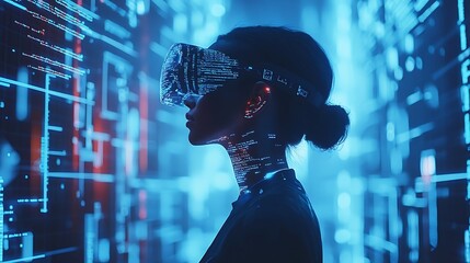 Side view of a VR developer using a headset, surrounded by a holographic display of 3D models and code snippets, futuristic workspace filled with digital overlays, ambient blue lighting,
