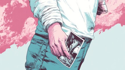 A hand holding a photograph, partially obscured, against a colorful background.