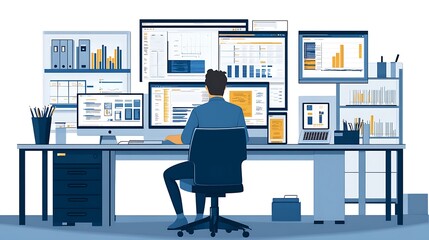 Tester analyzing compatibility issues, multiple devices displaying different test environments, monitor showing a detailed test report and error analysis, modern office with blue ambient lighting,