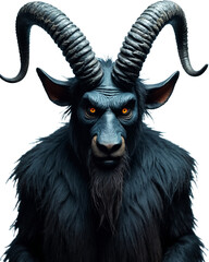 A dark and menacing portrayal of Krampus, depicted as a demonic figure with twisted horns, glowing red eyes, and shaggy black fur. This devilish creature exudes a sinister presence on a transparent.