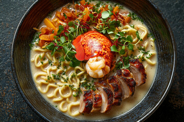 Ramen bowl with lobster duck meat and coconut broth beautifully plated