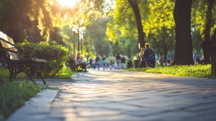 Obraz premium a city park pathway filled with a blurred crowd of unrecognizable people enjoying leisure time.