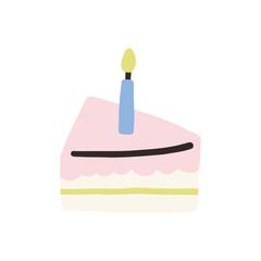 Minimalist illustration of a slice of cake with a blue candle, perfect for celebrating birthdays or special occasions. Simple and playful design on a white background