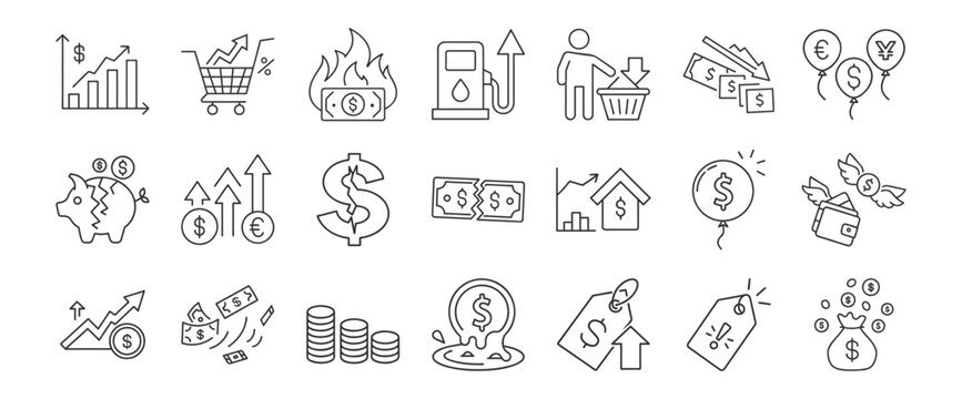 Inflation, Economic Instability line icon set. Vector pictograms of money loss, rising prices, decreasing purchasing power, falling savings, financial challenges thin linear illustration.