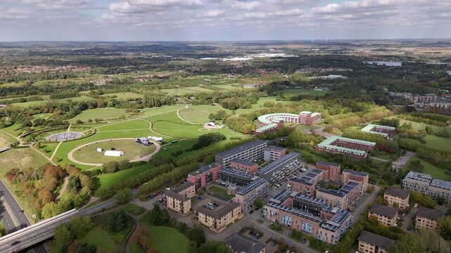 Aerial view over Avebury Boulevard Milton Keynes towards Campbell park contemporary art installation
