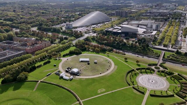Aerial view over Campbell park Milton Keynes towards contemporary iFLY indoor skydiving centre