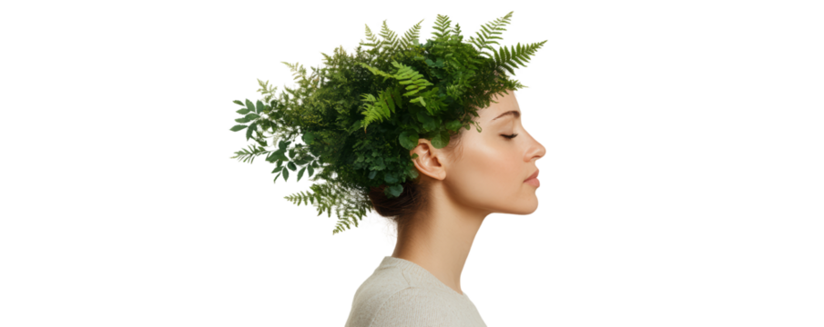 Woman with a natural green hair accessory.