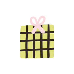 Minimalistic illustration of a plaid gift box with a pink bow, perfect for celebrations and festive themes. Emphasizes simplicity and charm in a modern design