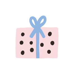 Illustration of a pink gift box with black polka dots, wrapped in a blue ribbon. Perfect for themes of celebration, simplicity, and surprise