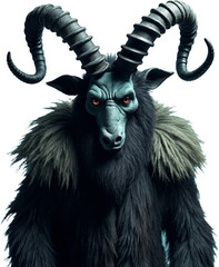 A dark and menacing portrayal of Krampus, depicted as a demonic figure with twisted horns, glowing red eyes, and shaggy black fur. This devilish creature exudes a sinister presence on a transparent.