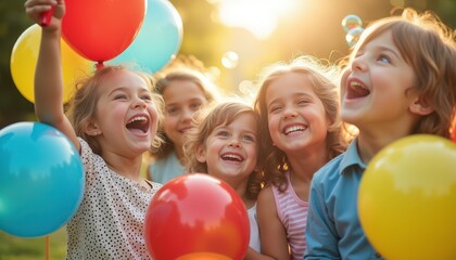 Kids joyfully surrounded by balloons and bubbles creating playful memories to celebrate the happiness of Children's Day.