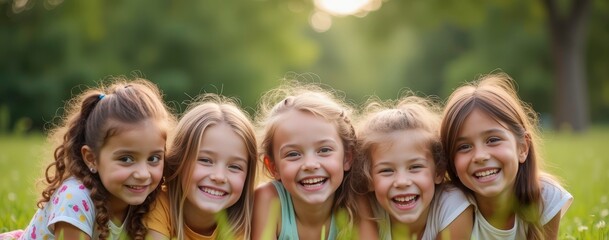Obraz premium Group of friends sharing laughter and creating happy memories in a green field on Children’s Day surrounded by nature.
