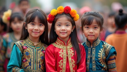 Fototapeta premium Children wearing traditional cultural outfits to celebrate diversity and unity during a colorful Children’s Day festival.