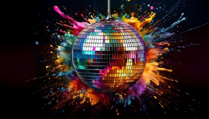 A disco mirror ball reflects colorful lighting