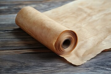 A rolled-up parchment scroll on a wooden table, partially unfurled.