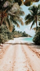 Fototapeta premium Tropical paradise with palm-lined sandy path leading to turquoise waters, AI