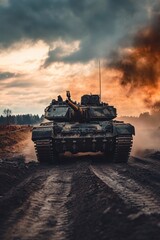 Fototapeta premium Military tank on dirt road