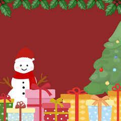 Christmas tree card, Christmas card, snow man, illustration, on red background