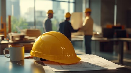 A vibrant yellow safety helmet is positioned on an office desk, adorned with various construction plans and a coffee mug.